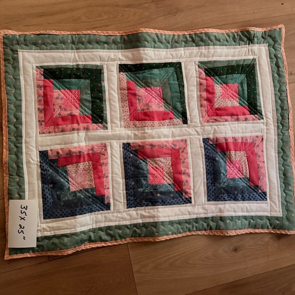 Other - Handmade Log Cabin Quilt Pink Blue Green Floral Eyelet Backing 35 x 25